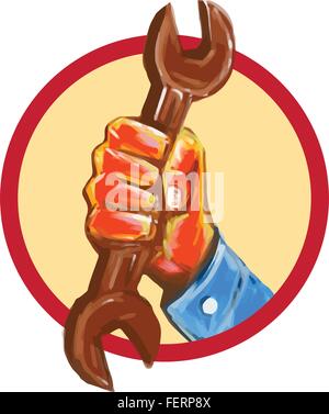 Watercolor style illustration of a mechanic hand holding spanner wrench punching bursting out of circle shape viewed from front Stock Vector