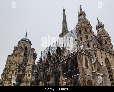 A low view of St. Stephen's Cathedral (Stephansdom) at Stephansplatz in Vienna during the winter. Snow can be seen on the buildi Stock Photo