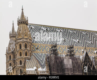 A closeup to part of St. Stephen's Cathedral (Stephansdom) in Vienna during the winter. Snow can be seen on the building. Stock Photo