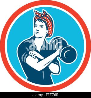 Illustration of a vintage female wearing polka dot headband working-out flexing muscle lifting dumbbell facing front set inside Stock Vector