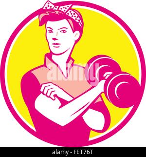 Illustration of a vintage female wearing polka dot headband workout lifting dumbbell facing front set inside circle done in retro style. Stock Vector
