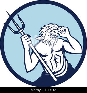 Illustration of poseidon god of the sea holding trident viewed from front set inside circle on isolated background done in retro style. Stock Vector