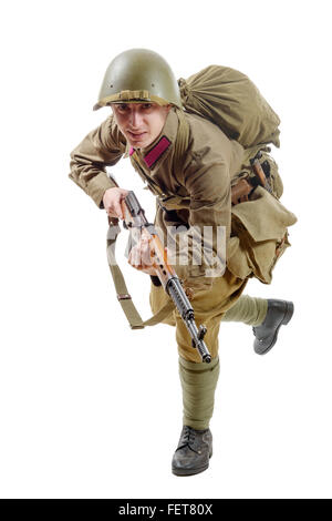 young Soviet soldier with SVT rifle on the white background Stock Photo