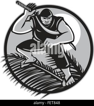 Illustration of a Samoan Ninja with samurai sword standing on top of coconut frond wearing slippers with full moon in background set inside circle done in retro style. Stock Vector