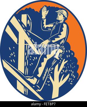 Illustration of a power lineman telephone repairman worker standing on electric pole with harness waving hand saying hellow viewed from low angle done in retro woodcut style. Stock Vector
