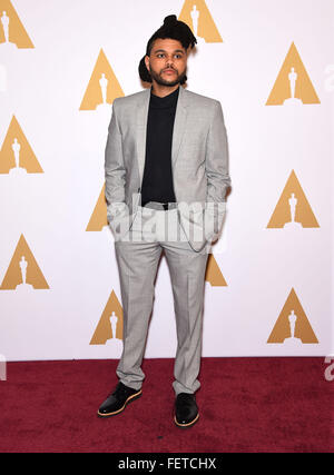 Beverly Hills, California, USA. 8th Feb, 2016. The Weeknd arrives for the Oscar Nominee Luncheon 2016 at the Beverly Hilton Hotel. Credit:  Lisa O'Connor/ZUMA Wire/Alamy Live News Stock Photo