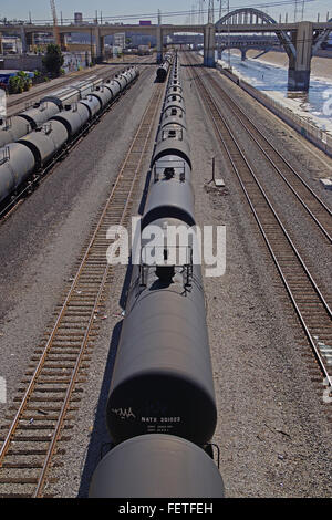 Railroad train oil tank cars transport in downtown Los Angeles, California Stock Photo