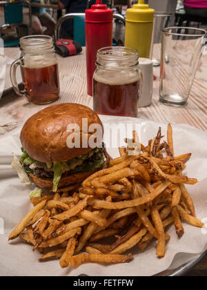 South by Southwest burger and fries, Grind restaurant, downtown Glenwood Springs, Colorado. Stock Photo