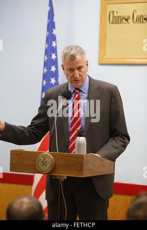 New York, United States. 08th Feb, 2016. Mayor de Blasio responds to questions from the press during brief press conference over forthcoming snow conditions forecast to hit the city. Much of Lower Manhattan came alive in sound and color as the Year of Monkey was ushered in with pyrotechnics, costumes, a key to Chinatown and a mayoral press conference to announce precautions for additional snow forecasted later in the week. Credit:  Andy Katz/Pacific Press/Alamy Live News Stock Photo