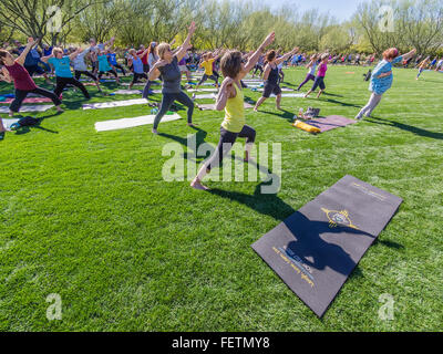 A large group of men and women of all ages go through their poses at an outdoor yoga class at the Sunnylands Center & Garden. Stock Photo