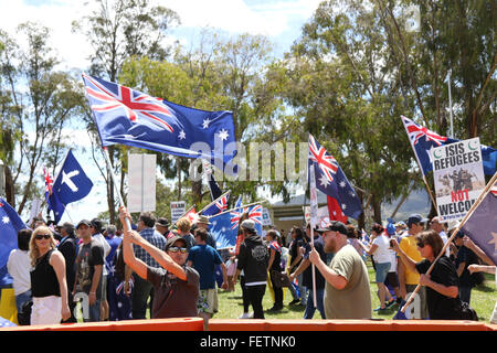 6 Feb 2016. ‘Save our country, save our culture, save our future’ PEGIDA solidarity rally in Canberra, Australia. Stock Photo