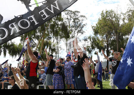 6 Feb 2016. ‘Save our country, save our culture, save our future’ PEGIDA solidarity rally in Canberra, Australia. Stock Photo