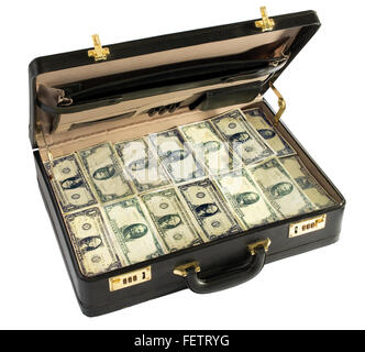 Open black leather briefcase packed full of dollar bills isolated on white in a conceptual image Stock Photo
