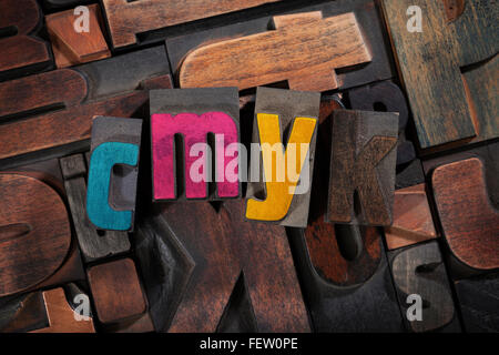 CMYK printing concept - vintage letterpress printing blocks with process colors on random letters background, top view Stock Photo