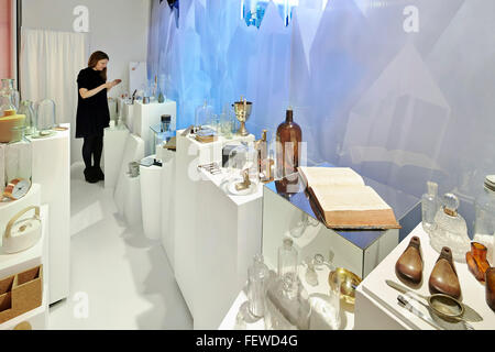 Display of fragrance distillery devices. Fragrance Lab Selfridges, London, United Kingdom. Architect: Campaign, 2014. Stock Photo