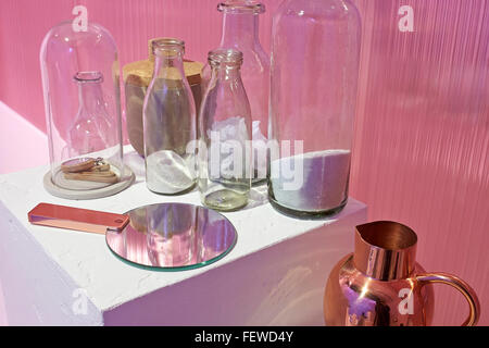 Display of fragrance distillery devices. Fragrance Lab Selfridges, London, United Kingdom. Architect: Campaign, 2014. Stock Photo