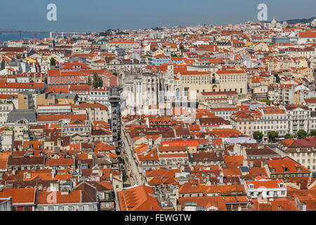 Portugal, Lisbon, view of the Baixa Pombaline, the Pombaline Downtown of Lisbon with Santa Justa Lift and Carmo Convent Stock Photo