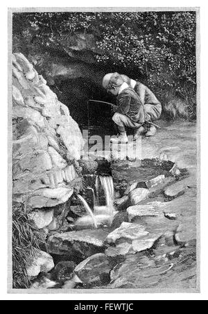 Black and white engraving from 1894 depicting two children fishing in a stream. Stock Photo