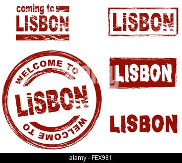 Set of stylized ink stamps showing the city of Lisbon Stock Vector