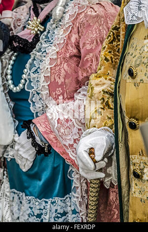 Detail view of a epoq costume at Venetian carnival. Stock Photo