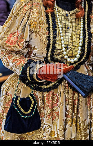 Detail view of a epoque costume at Venetian carnival. Stock Photo