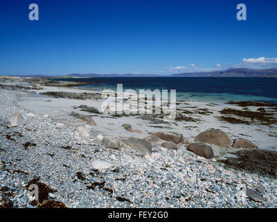 French Port (Port na Frainge) on the east side of Iona looking north east towards the Isle of Storm (Eilean Annraidh) and Mull, Hebrides, Scotland, UK Stock Photo