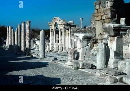 Roman Road or Street of Kuretes with Hadrian's Temple in the Centre, Ephesus, Turkey Stock Photo