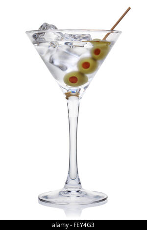 Martini with olives and ice cubes, isolated on the white background, clipping path included. Stock Photo