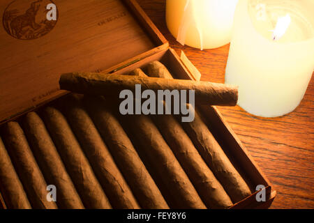Cigars by candlelight. A box of fine De Olifant cigars from Kampen, Holland ( the Netherlands ) Stock Photo