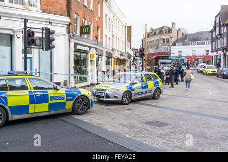 Bromley, South London, UK, 09 February, 2016.  Police attend the scene of a stabbing outside McDonald's restaurant in Bromley Market Square this morning. Credit:  Steven Sheppardson/Alamy Live News Stock Photo