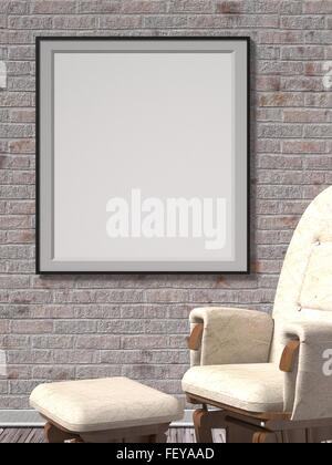 Blank picture frame with leather armchair. Mock up poster. 3D render illustration Stock Photo