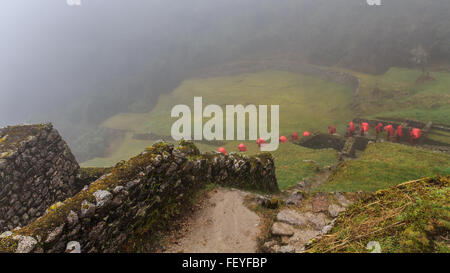 Inca Trail to Machu Picchu (also known as Camino Inca). Located in the Andes mountain range, the trail passes through several ty Stock Photo