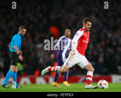 LONDON, ENGLAND - NOV 04 2014: Arsenal's Aaron Ramsey during the UEFA Champions League match between Arsenal from England and Anderlecht from Belgium played at The Emirates Stadium. Stock Photo