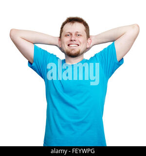 Smiling young man in blank blue t-shirt Stock Photo