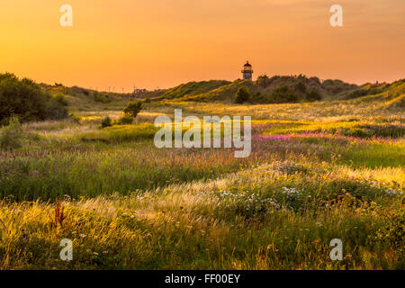 Talacre dunes and Point of Ayr Lighthouse. Stock Photo