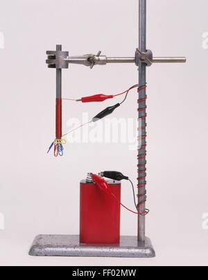Electromagnetic experiment, battery connected to wires on clamp stand, lifting paper clips Stock Photo