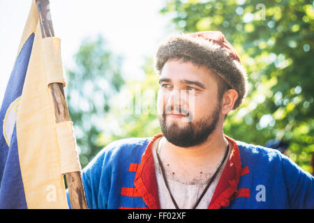 MINSK - JUL 19: Warrior participant of VI festival of medieval culture 'Our Grunwald', dedicated to 604 anniversary of Battle of Stock Photo