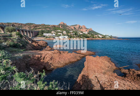 Corniche  de l'Estérel, Antheor Railway Viaduct & Beach Saint Raphael Mediterranean Coast Var Côte d'Azur france Stock Photo