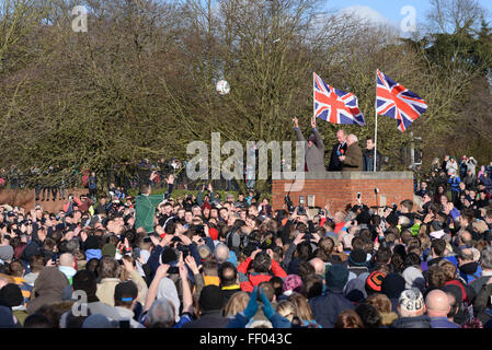 Ashbourne, Derbyshire, UK. 9th Feb, 2016. Barry Greenwood turns up the ball to start the match. Thousands join in the Shrovetide football derby. The goals are three miles apart and the game takes place over two eight hour periods Shrove Tuesday and Ash Wednesday. Credit:  Nigel Spooner/Alamy Live News Stock Photo