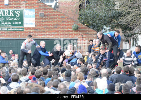 Ashbourne, Derbyshire, UK. 9th Feb, 2016. Players battle for the ball in the hug. Thousands join in the Shrovetide football derby. The goals are three miles apart and the game takes place over two eight hour periods Shrove Tuesday and Ash Wednesday. Credit:  Nigel Spooner/Alamy Live News Stock Photo