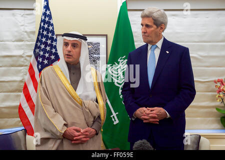 Secretary Kerry Listens as Saudi Arabian Foreign Minister al-Jubeir Addresses Reporters Following Meeting in London Stock Photo