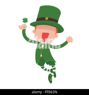 Vector Illustration of a jumping, smiling cartoon leprechaun holding a four-leaf clover for St. Patrick's Day. Stock Vector