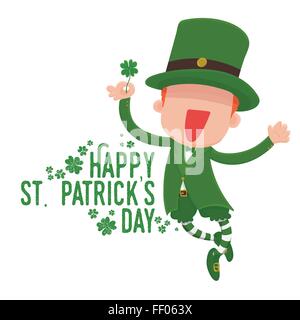 Vector Illustration of Happy Leprechaun Holding Four-Leaf Clover for St. Patrick's Day Greeting Card Stock Vector