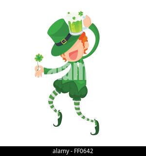 Vector Illustration of Happy Leprechaun Holding Four-Leaf Clover and Green Beer for St. Patrick's Day Stock Vector