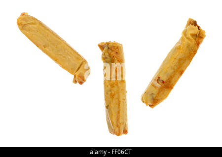 Top view of three canned tamales isolated on a white background. Stock Photo