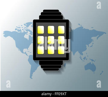 Illustration of smartwatch with grey world map background Stock Photo