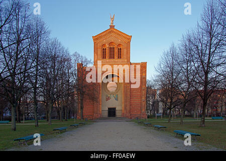 Michaelkirche with road with benches in the parc in Berlin Stock Photo
