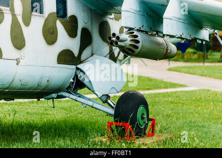 BOROVAYA, BELARUS - June 04, 2014: The Mil Mi-24 is a large helicopter gunship and attack helicopter and low-capacity troop tran Stock Photo