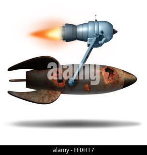 Upgrading old technology as an upgrade in business concept as an old rusted rocket ship attached to a modern jet engine or booster motor for increased speed and performance as a success metaphor for innovating old noncompetitive ideas. Stock Photo