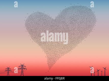 Love is in the air, flock of birds in heart shape in the sky, vector illustration Stock Vector